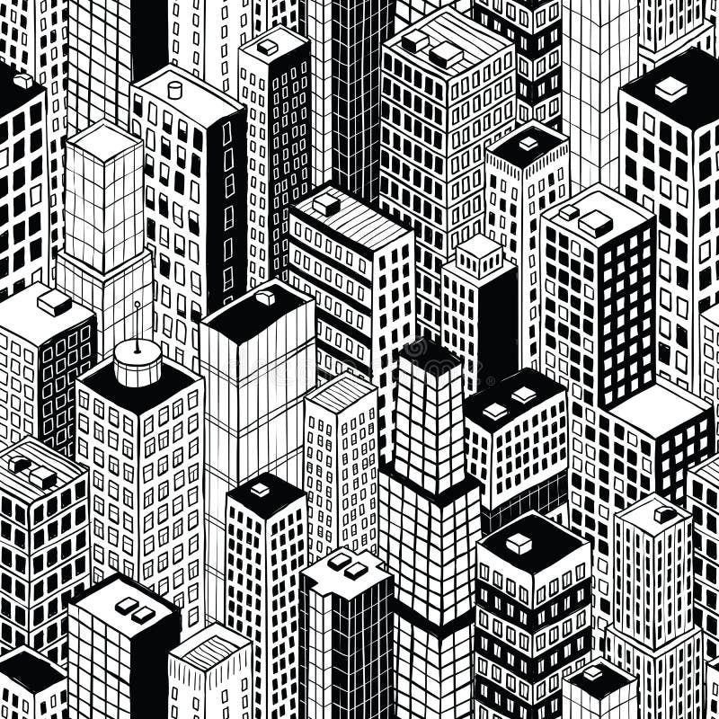 Skyscraper City Seamless Pattern (small) is hand drawing of different high-rise buildings like Manhattan in isometric projection. Illustration is in eps8 vector mode. Skyscraper City Seamless Pattern (small) is hand drawing of different high-rise buildings like Manhattan in isometric projection. Illustration is in eps8 vector mode.