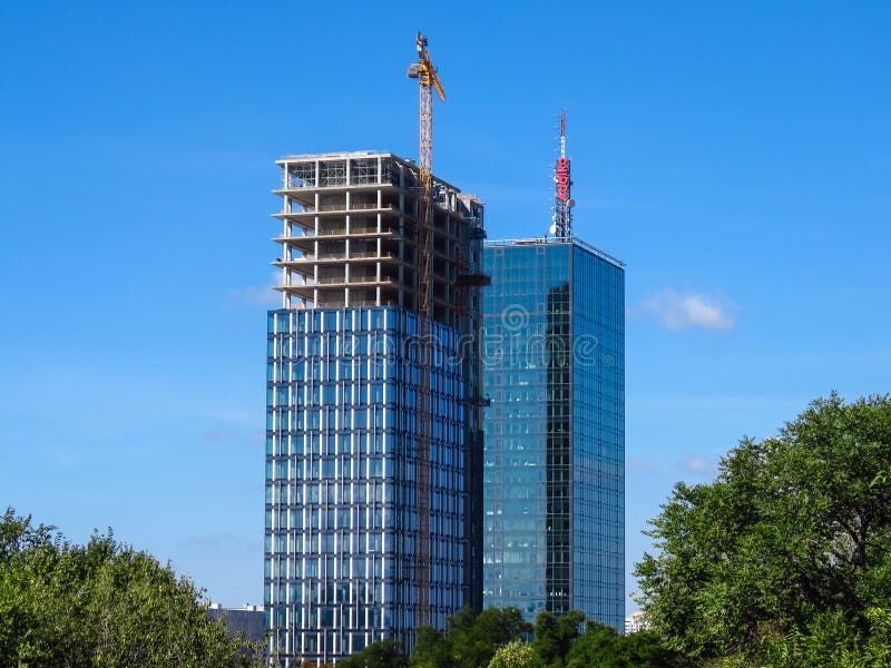 Skyscraper construction site. Finishing of the second tower USCE 2. royalty free stock photo Skyscraper construction site. Finishing of the second tower USCE 2. royalty free stock photo