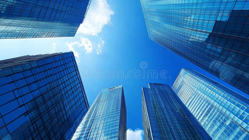 Skyscrapers with reflective glass facades under a bright sky stock photo