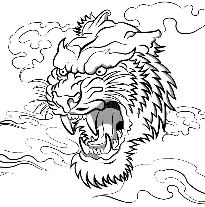 Tiger Head in Roar with Lotus Flower Decorate with Cloud or Smoke Design  with Oriental Japanese Tattoo Style Stock Illustration - Illustration of  drawn, fashion: 166174656