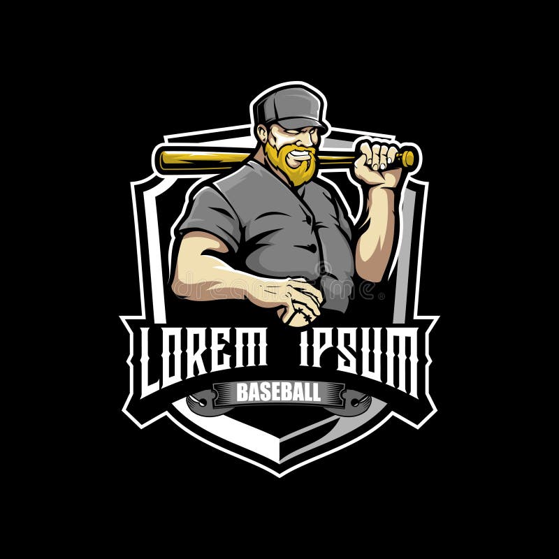 Skäggig man med en mall för logo för emblem för sport för baseballslagträ royaltyfri illustrationer Skäggig man med en mall för logo för emblem för sport för baseballslagträ royaltyfri illustrationer