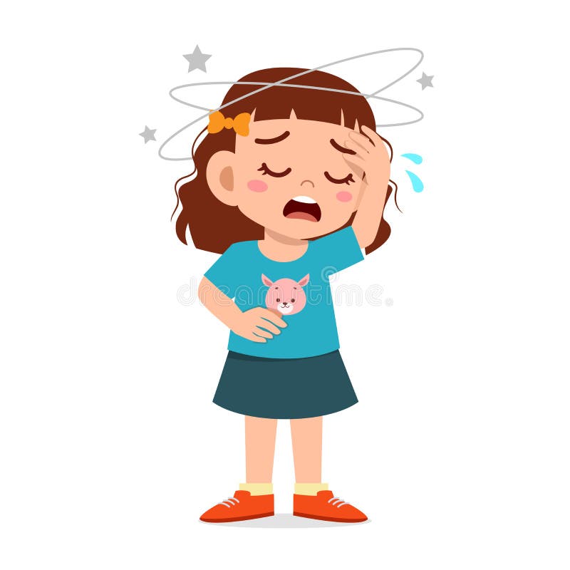 cartoon little kid girl get bad headache. cartoon little kid girl get bad headache