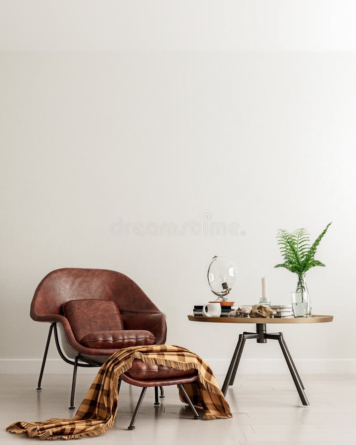 Skär upp vägg med brunt läderstol och metallbord i modern inre bakgrund, vardagsrum, plats att överväga vektor illustrationer