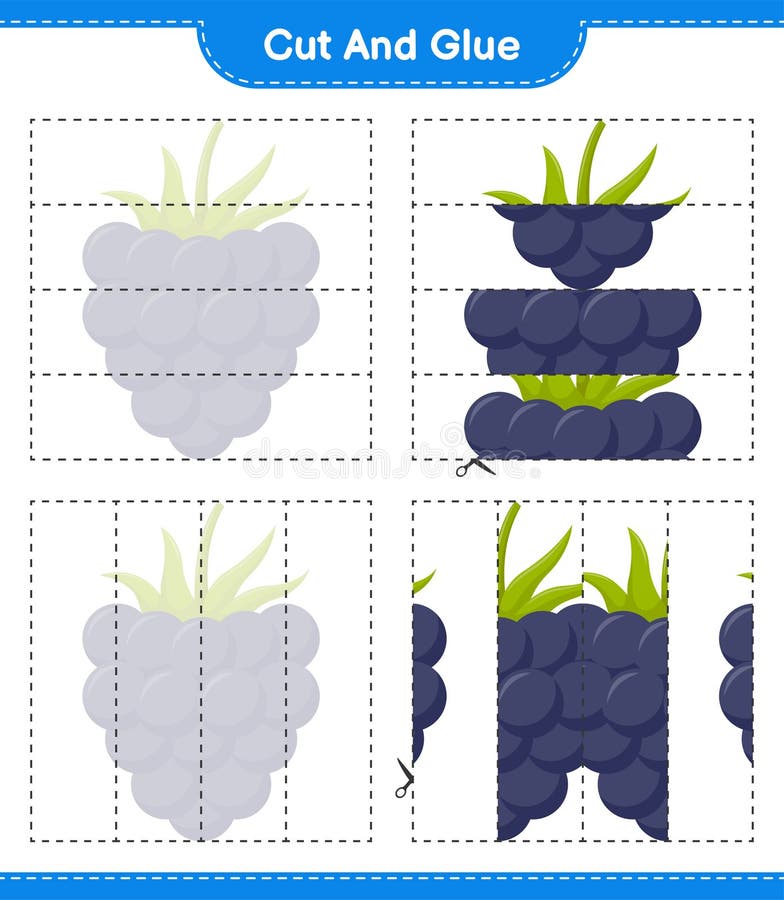 Skära och limma avskurna delar av björnbär och limma dem. illustration av kalkylbladsvektor för undervisningsbarn i spel som kan s royaltyfri illustrationer