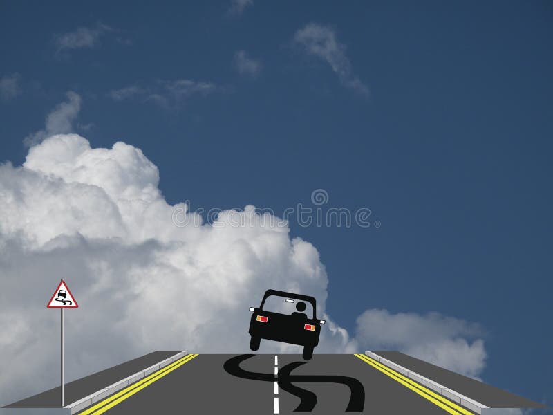 Car skidding across the road past a warning sign. Car skidding across the road past a warning sign