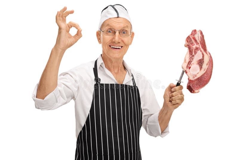 Slager die een o.k. teken maken stock afbeelding Slager die een o.k. teken maken stock afbeelding