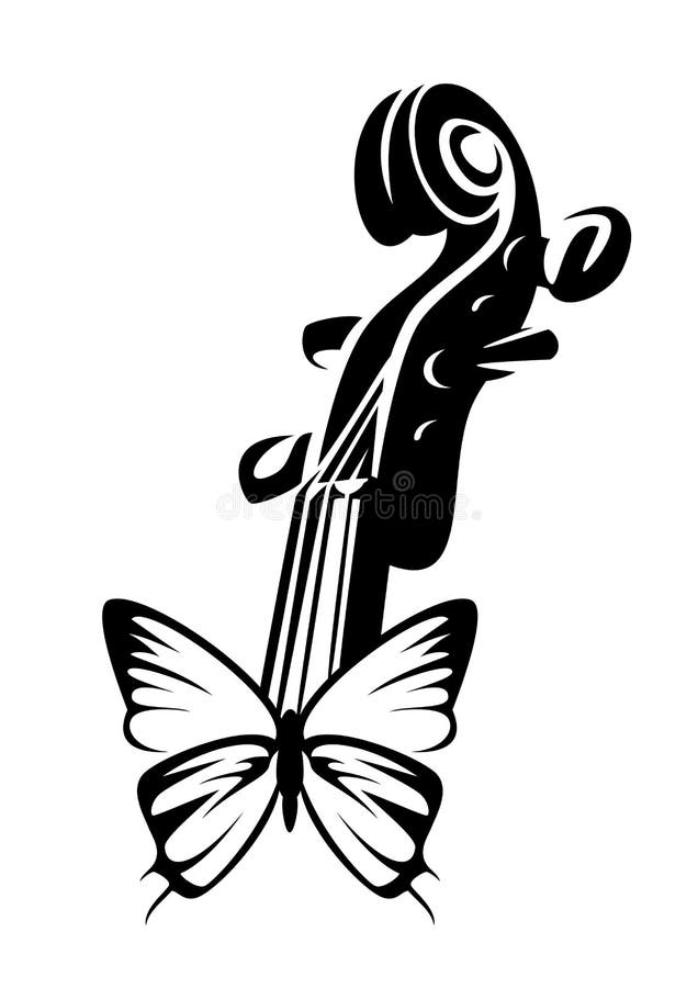Slamflugan och musikinstrument - svartvit vektordesign i violin-nacken vektor illustrationer