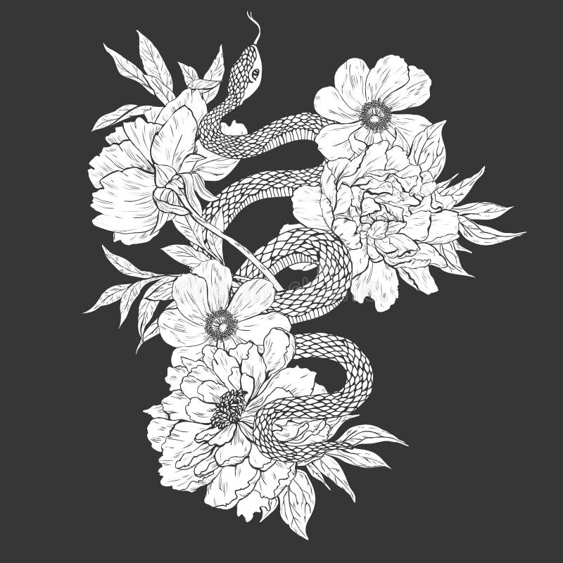 Slangen en bloemen Tatoegeringskunst, kleurende boeken royalty-vrije illustratie Slangen en bloemen Tatoegeringskunst, kleurende boeken royalty-vrije illustratie
