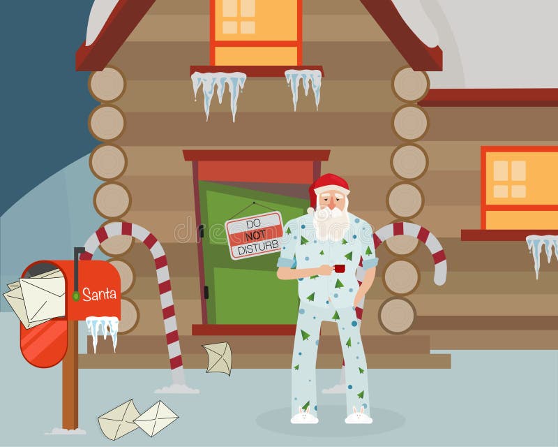 Slaperige Kerstman met koffie buiten het huis stock illustratie Slaperige Kerstman met koffie buiten het huis stock illustratie