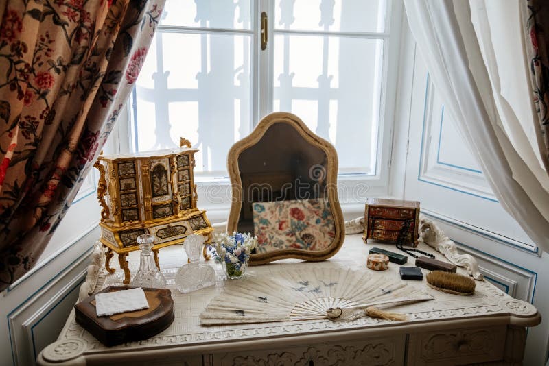 Slatinany, Czech Republic, 17 April 2022:  Castle chateau representative interior with baroque wooden carved furniture, bedroom