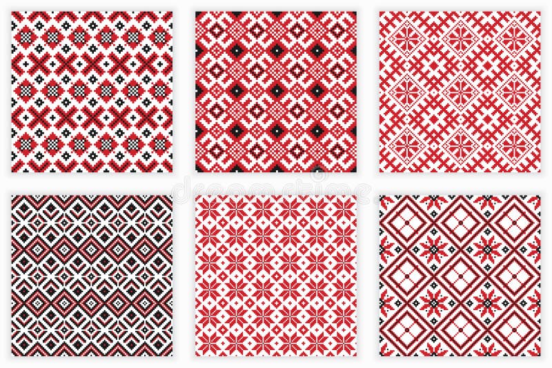 Slavic folk embroidery seamless patterns set