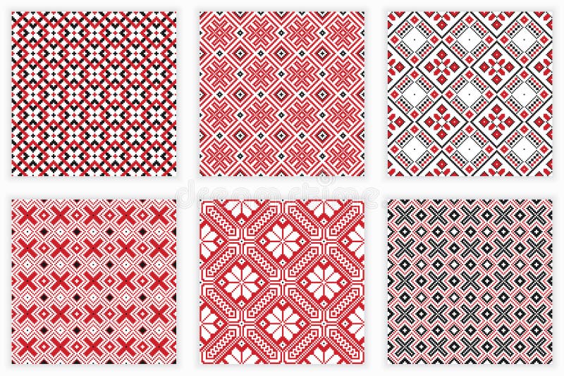 Slavic folk embroidery seamless patterns set