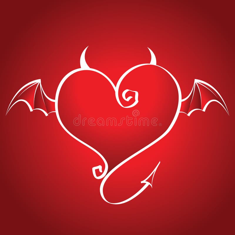 Bad heart with wings and horns flies on a red background. Bad heart with wings and horns flies on a red background