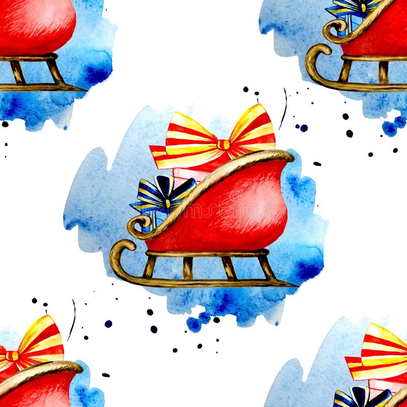 Sled Seamless Pattern on a White Background. Watercolor Stock