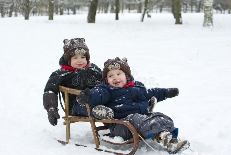 Twin boys in the sled in the winter forest. Twin boys in the sled in the winter forest