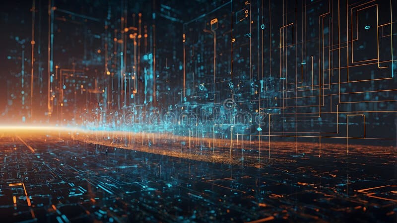 This sleek abstract background features geometric patterns, glowing binary code, and floating icons of robotics, cloud computing, and quantum computing, blending together in a high-tech atmosphere. The geometric patterns provide structure, while the glowing binary code symbolizes the digital foundation of modern technology. The floating icons of robotics, cloud computing, and quantum computing. Robotics icons illustrations