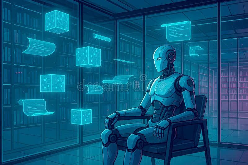Robot in futuristic library accessing digital data cubes vector illustration