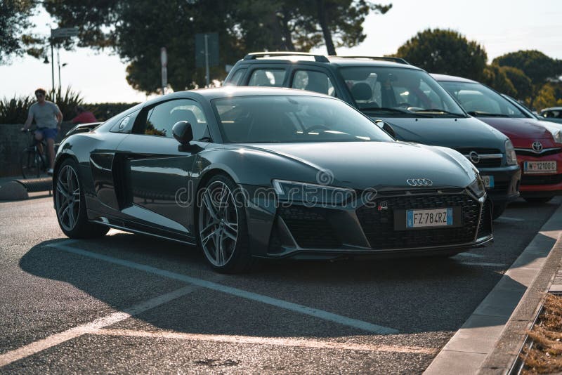 Sleek Audi R8 parked in daylight showcasing modern automotive design royalty free stock image