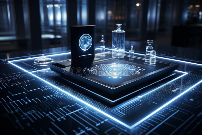 Sleek Biometric Security: High-Tech Fingerprint Scanner on Marble Desk vector illustration