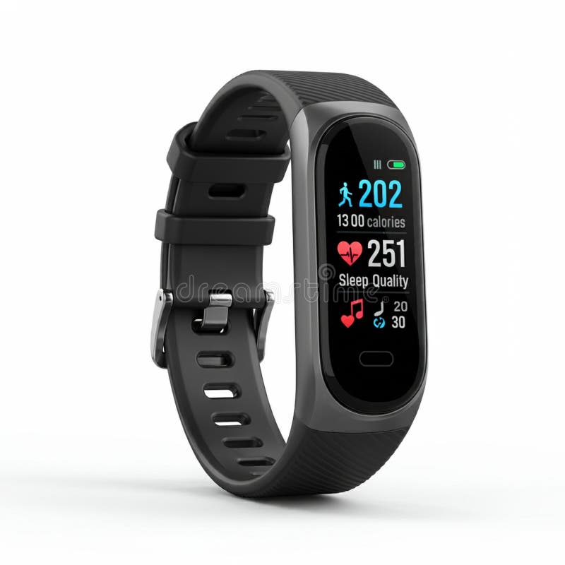 A sleek black fitness tracker with a rectangular touchscreen display. The screen stock illustration