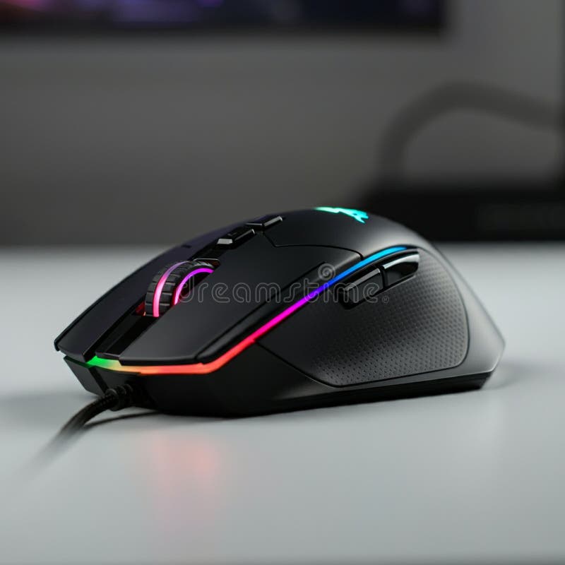 A sleek, black gaming mouse with customizable RGB lighting along its edges and royalty free illustration