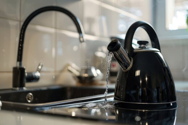 Un ceainic negru elegant turnând apă într-o chiuvetă modernă. suprafața lucioasă reflectă elementele din apropiere. perfect pentru stock image