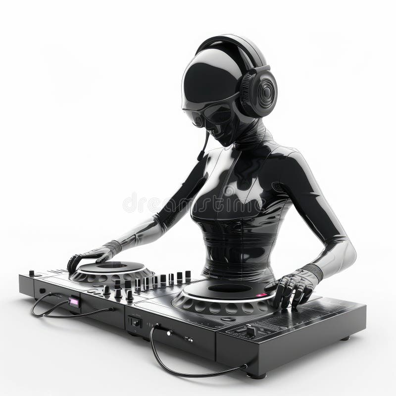 Sleek Black Robot DJ Mixing Music on Turntable stock illustrationer
