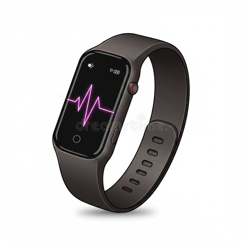 Sleek black smart wristwatch with a rectangular touchscreen display showing a vector illustration