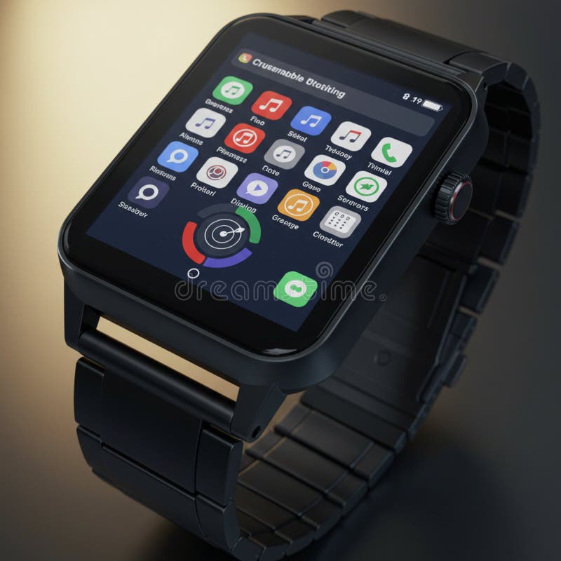 A sleek, black smartwatch features a rectangular touchscreen displaying various app royalty free illustration