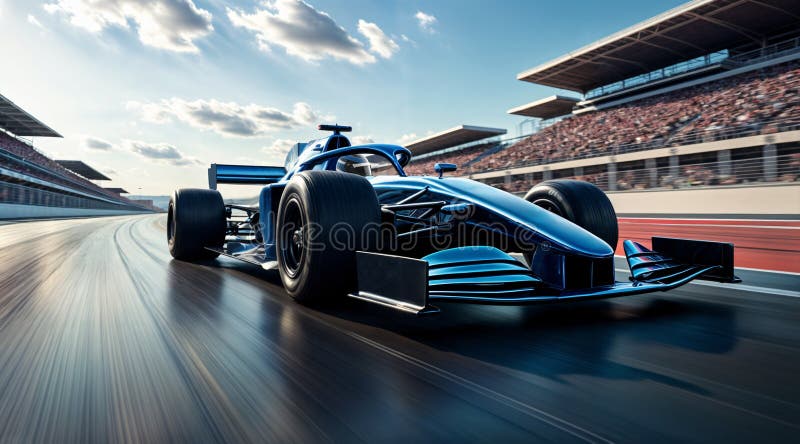 Blue Formula one car speeding the racetrack, with packed grandstands in the backgrojnd stock illustration