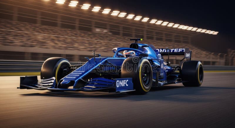 Sleek blue formula 1 race car in motion at night stock illustration