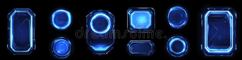 A sleek blue frame with neon-lit technology components on a black backdrop, displaying various geometric shapes like stock photo
