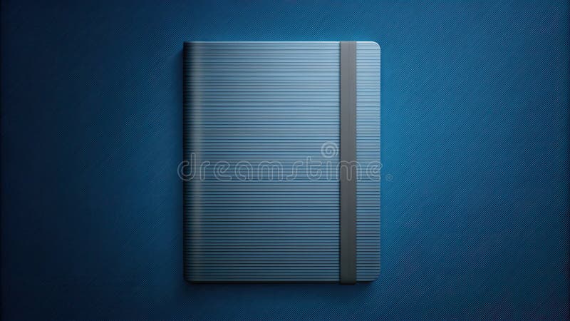 A sleek, blue notebook with a subtle ribbed texture and a dark gray elastic closure, resting on a textured dark blue surface. royalty free illustration