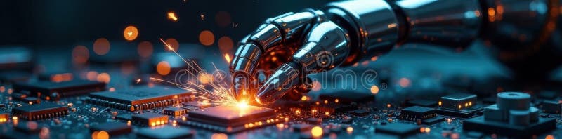 Sleek chrome robot arm welding intricate circuitry , artificial intelligence, technology, modern vector illustration