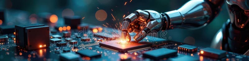 Sleek chrome robot arm welding intricate circuitry , cyber, futuristic, workshop royalty free illustration