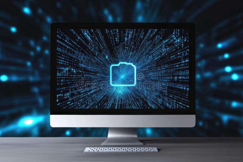 A sleek computer screen shows a glowing protection icon surrounded by vibrant digital patterns in a tech workspace royalty free stock photos