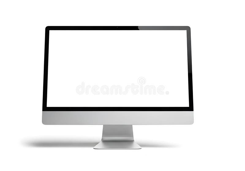 Modern all-in-one computer display with empty screen and keyboard accessories white background stock illustration