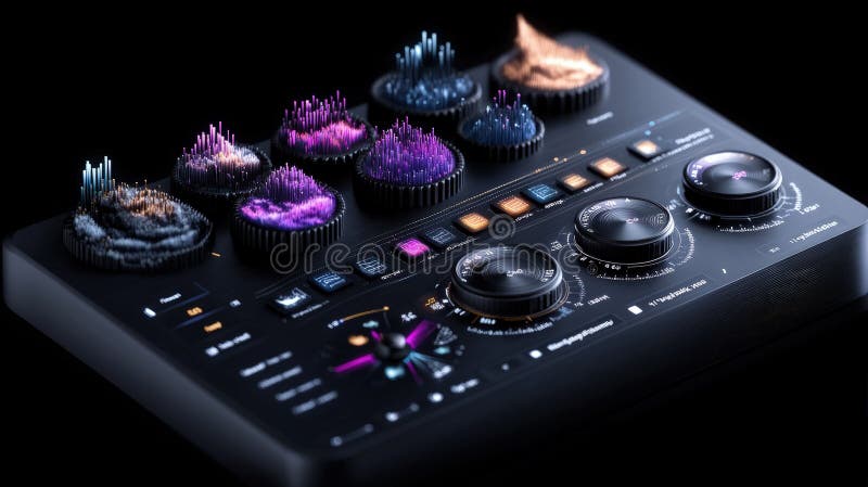 A sleek control panel with futuristic knobs and glowing data elements, showcasing modern interactive technology and