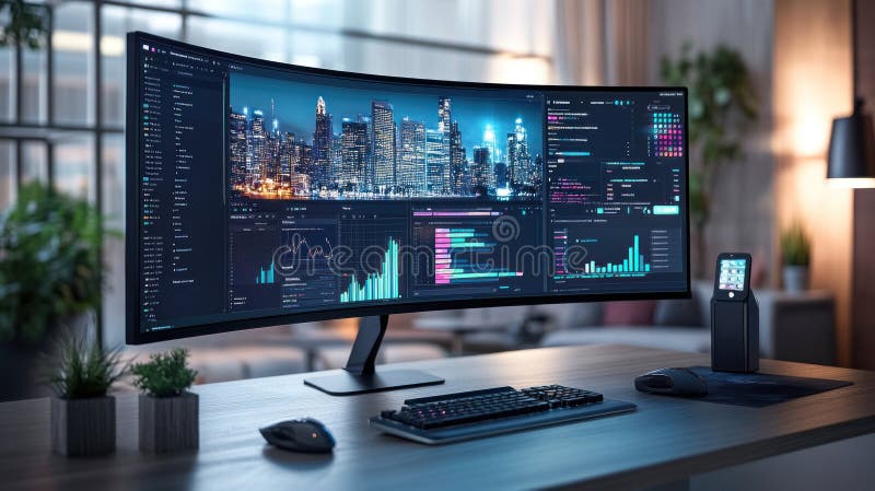 A sleek curved monitor displays vibrant data visualizations and cityscapes, creating modern workspace atmosphere. royalty free stock photo