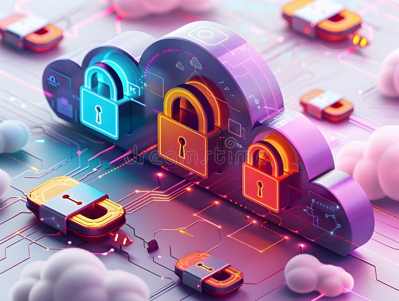 Sleek Cyberpunk Inspired Cloud Computing Security with Futuristic Digital Locks generative ai vector illustration