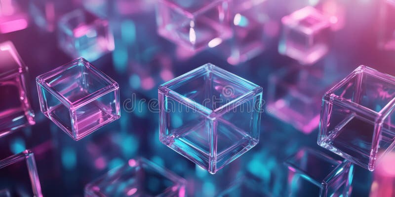 A sleek 3D abstract background featuring floating transparent cubes glowing with soft AI generated