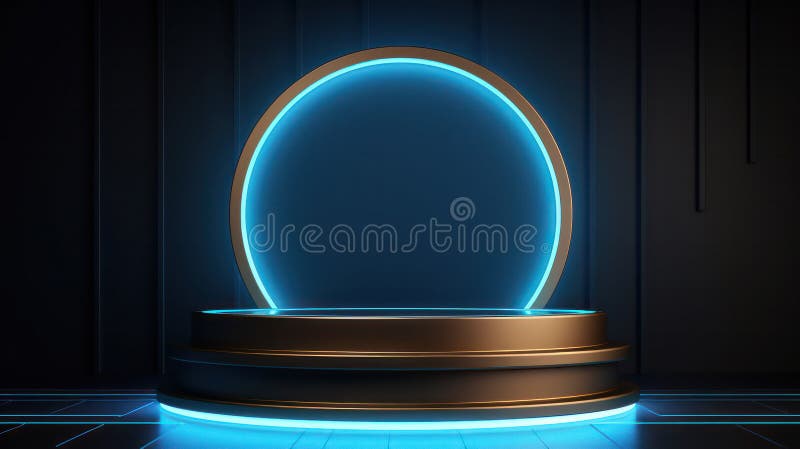 Sleek 3D Render: Blank Podium Set Against a Circular Blue Neon Glow, an Ultra-Modern Display of Minimalist Elegance vector illustration