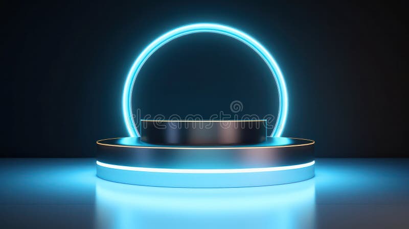 Sleek 3D Render: Blank Podium Set Against a Circular Blue Neon Glow, an Ultra-Modern Display of Minimalist Elegance vector illustration