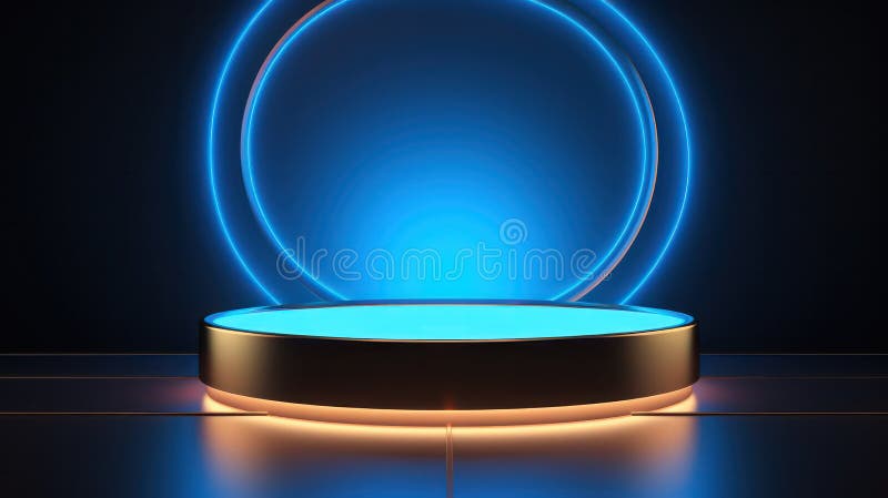 Sleek 3D Render: Blank Podium Set Against a Circular Blue Neon Glow, an Ultra-Modern Display of Minimalist Elegance vector illustration