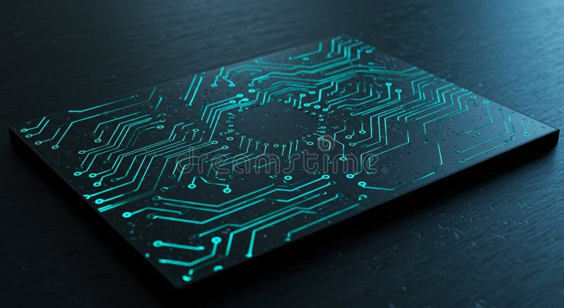 A sleek, dark circuit board featuring a grid of glowing teal electrical pathways. The royalty free illustration