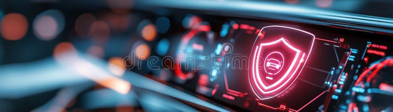 A sleek dashboard illuminated with soft light features a transparent security shield icon, representing the integration of artificial intelligence in digital car insurance and safety. Shield artificial intelligence stock images, royalty-free photos and pictures
