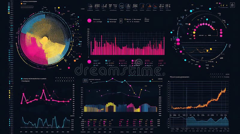 Modern data visualization dashboard interface with bright colorful charts and graphs showing market analysis and financial vector illustration