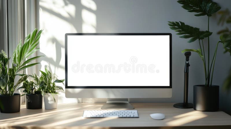 Sleek desktop monitor with a bright screen on a minimalistic workspace featuring soft shadows and professional style stock image