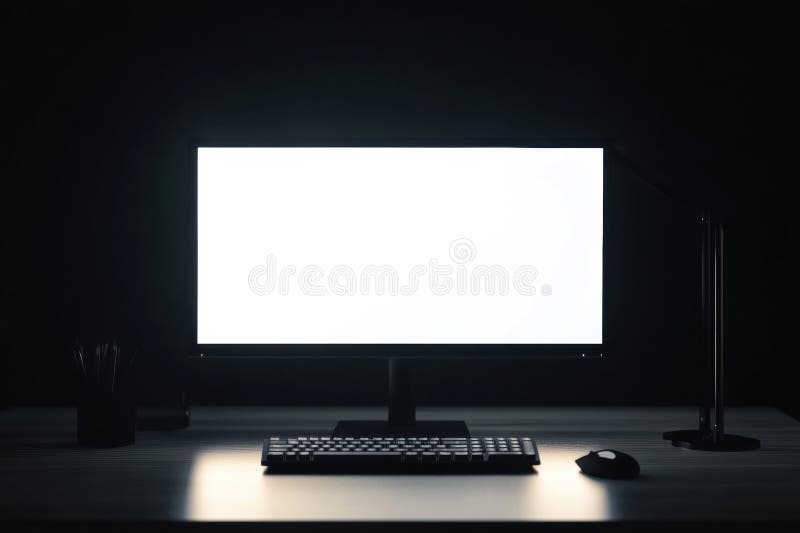 Sleek desktop monitor with bright white screen in a minimalistic workspace featuring soft shadows and a professional stock images