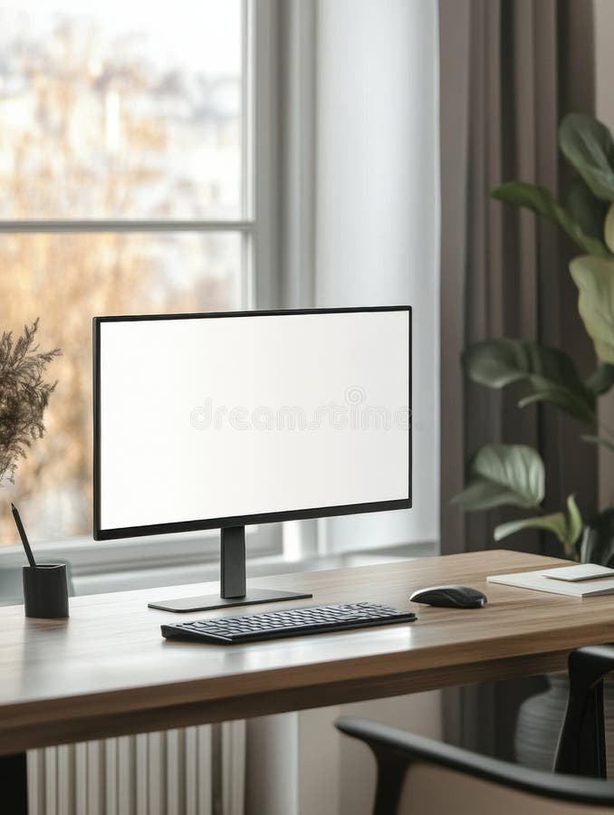 Sleek desktop monitor on minimalistic workspace with bright screen and soft shadows in a clean professional environment royalty free stock photos